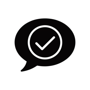 Vector graphic of a simple speech bubble containing a check mark inside of a circle, a symbol for confirmation, agreement, or verification, set against a white background.