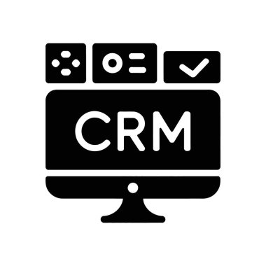 Black glyph vector icon of a desktop computer displaying the letters CRM with several dashboard options including checklists, options, and data points in the upper corners.
