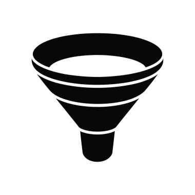 This is a clean and simple vector illustration of a black funnel, used for transferring liquids and powders, set against a crisp white background.