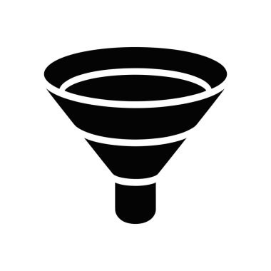 Black filled funnel icon illustrates filtration, conversion, sales funnels, or data filtering, sitting on a white background, suitable for diverse digital & print uses.