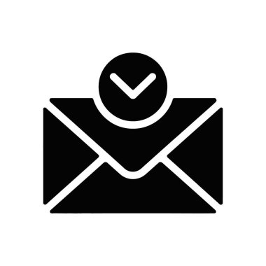 Isolated vector graphic showcases an envelope icon adorned with a checkmark circle. Symbolizes confirmed or verified message receipt. Solid black design on white background.