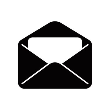 Vector illustration of an opened black envelope icon containing a white letter inside, presented against a white background. Simple, clean graphic for communication concepts.