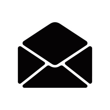 This is a vector icon of an open black envelope for notifications and messages, isolated on white background. Usable in web and print media projects.
