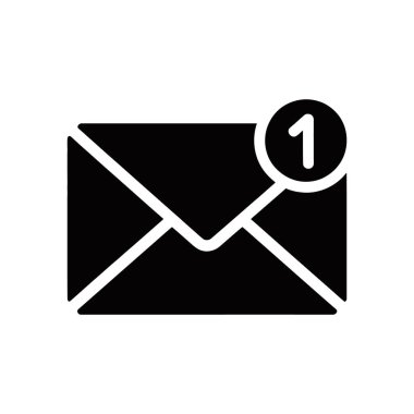 Glyph icon of black envelope displaying one new email notification, suitable for app, website, ui design, and user interface elements on white background.