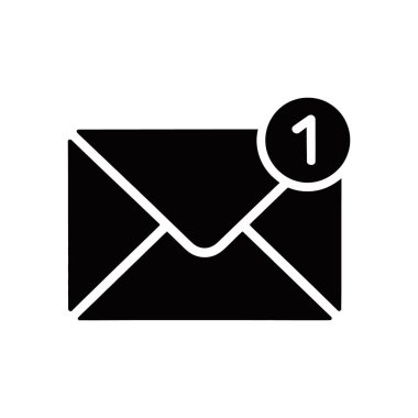 Black and white vector graphic depicts an email envelope with a notification circle displaying the number one, indicating a new unread message on white background.