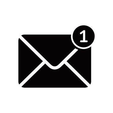 Black silhouette of an envelope icon with a notification badge indicating one new message received. Vector illustration isolated on white background for apps and designs.