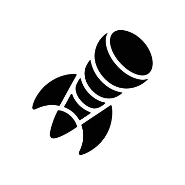 Silhouette of a black rocket ship with a rounded top and tail fins, ready to launch into space on a clean white background. Vector art.