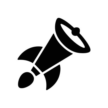 Silhouette graphic depicts a stylized black rocket ascending, with visible exhaust flames and a rounded top, set against a white background, vector icon.