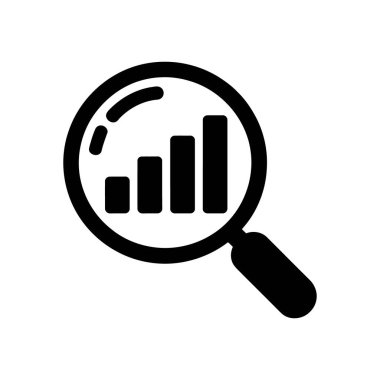 Black icon depicts a magnifying glass examining a bar chart showing upward growth and positive trend analysis on a white background for various designs.