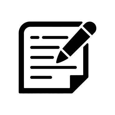 Isolated black vector icon showing a paper sheet with text lines and a pencil writing, on a white background. Best for designs or illustrations, simple style.