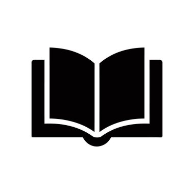 A flat, simplistic, black vector icon depicting an open book, suitable for representing knowledge, education, reading, literature, or learning. Isolated on a white background.