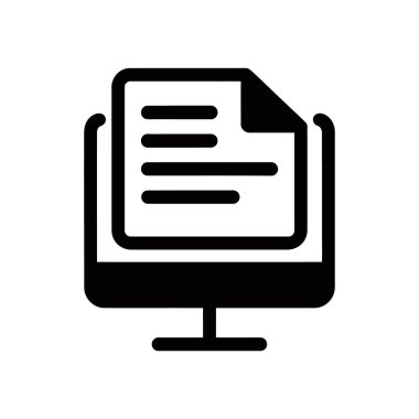 Black vector icon illustrates a computer monitor displaying a document, featuring text lines and a folded page corner, against a white background.