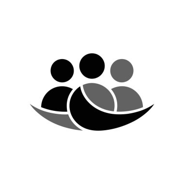 Vector artwork depicts a group of three abstract figures, one black and two gray, connected with overlapping curves on a white background, symbolizing unity and teamwork.