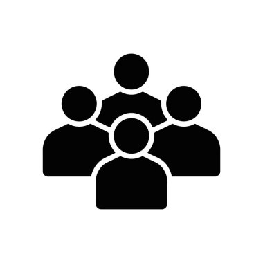 Black vector icon illustrates a group of people, implying teamwork and collaboration with a single figure slightly above the rest, suggesting leadership. White background.