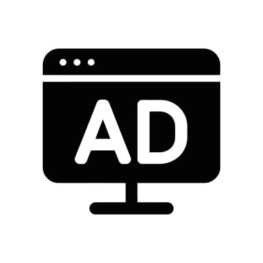 Vector graphic showing a black website display with an ad that says AD on it. Vector is on a white background, making it easy to composite with other assets.
