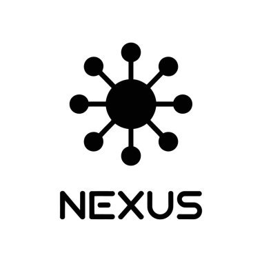 Detailed black vector icon depicting a nexus structure with interconnected circles arranged around a central point, accompanied by the word 'nexus' underneath, isolated on white.