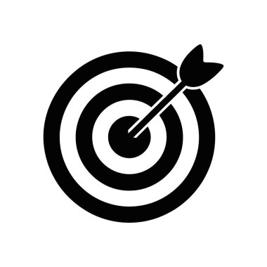Flat vector icon showing an arrow hitting the bullseye of a classic archery target design in solid black, isolated against a clean white backdrop.