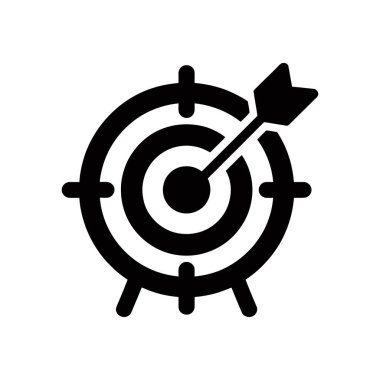 Vector icon of a black dart in the center of a concentric target, isolated on a white background. Represents accuracy, goal achievement, and strategic focus.