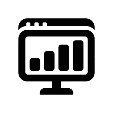 Black monitor screen displaying statistics, showcasing data analysis. Perfect icon for business reports, financial summaries, trend visualizations and performance monitoring applications, white background.