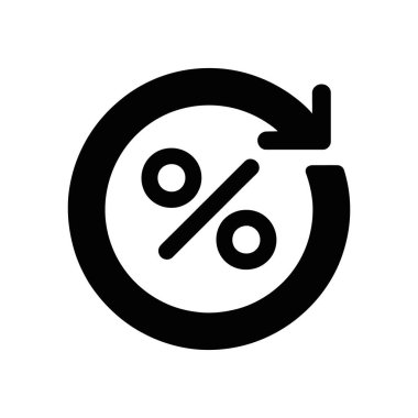 Black vector icon featuring a percentage symbol encased in a circle with an arrow, indicating rotation or refresh, isolated on a clean, white background.
