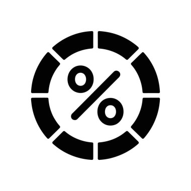 Black percentage icon with segmented circle, designed for illustrating discounts, rates, or percentage-based data on a clean white background for versatile use.