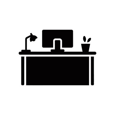 Black silhouette of a desk complete with computer monitor, desk lamp, and small potted plant icon. Vector illustration graphic on a white background.