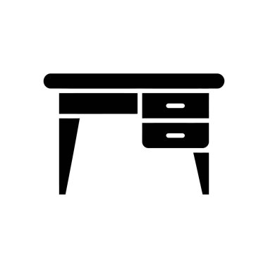 Simple illustration of a modern black desk with two drawers, front view, on a clean white background. Ideal as an icon for school, study, and office.