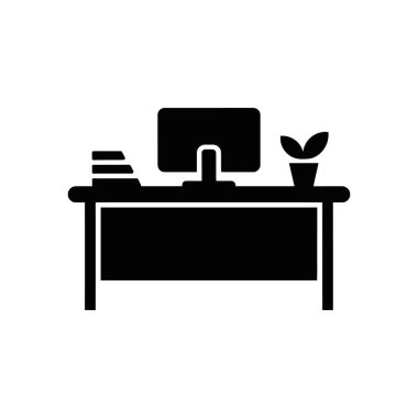 Black office desk icon showing a computer, books, and a potted plant. This vector image features a simple, clean design against a white background.