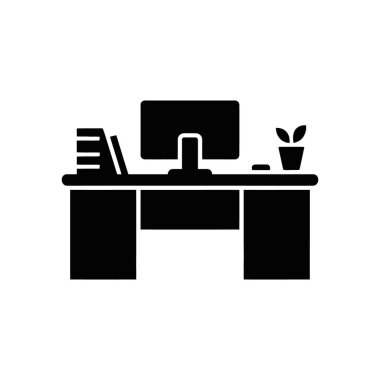 Silhouette icon of a desk setup, including a computer monitor, books, and potted plant. Represents office, workspace, study, or home office on white background.