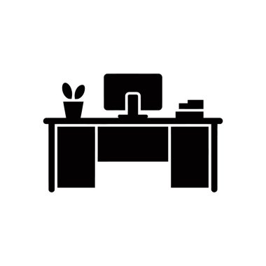 Front view of a vector silhouette of a black desk with a monitor, books, and a potted plant. Isolated on a white background. Office, work, and business illustration.