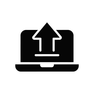 Isolated black vector icon on white background shows a laptop and an upward arrow, signifying upload or file transfer. Suitable for digital designs and user interfaces.