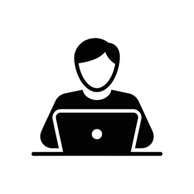 A minimalist vector icon illustration featuring a person working on a laptop, displayed in black silhouette style, set against a clean white background for professional use.