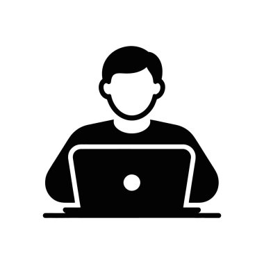 A flat vector icon shows a faceless person working on a laptop, sitting at a desk. Simple design is in black and white with a white background.