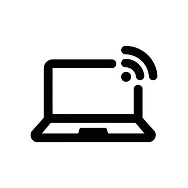 Vector illustration of a simple, bold, black outline icon of a laptop with a wifi symbol indicating wireless internet connection on a white background.
