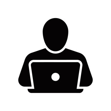 Black silhouette icon of a faceless person using a laptop, perfect for websites, apps, and user interface designs on white background. Vector graphic easy to customize.