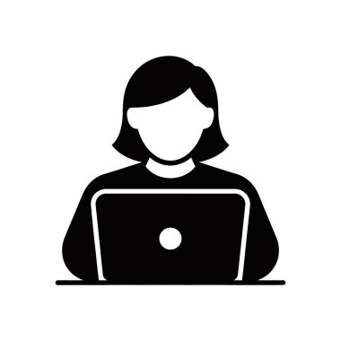 This image showcases a simple black and white vector icon illustration of a woman sitting at a desk while working on a laptop on a white background.