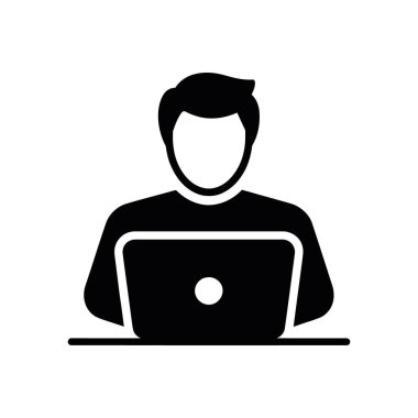 Front-facing icon depicts a person sitting at a desk, working on a laptop, simple silhouette. The image is isolated on a white background. Vector graphic available.