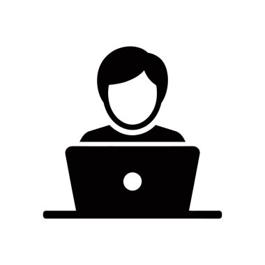 Black vector icon depicting a person using a laptop, set against a clean white background, suitable for various websites, applications, and graphic design purposes.