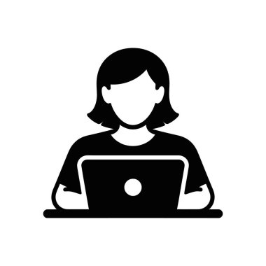 Black glyph vector icon showing a woman with short hair working on a laptop. It is a flat design suitable for apps, websites, and educational materials.