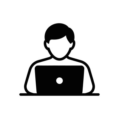Black glyph vector icon of a person working on a laptop, representing technology, work, or online activity. Suitable for websites, apps, and user interfaces.