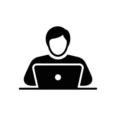 Vector silhouette icon illustration of a man using a laptop on a desk, viewed from the front. Isolated on a white background.