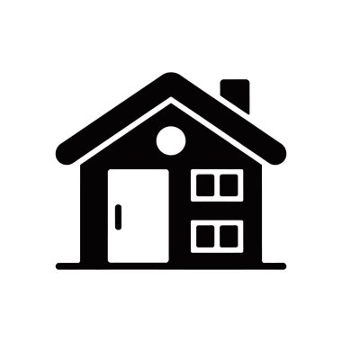 Clean, minimalist vector icon of a house, complete with a door, windows, and chimney, set against a crisp white background. For use in various designs.