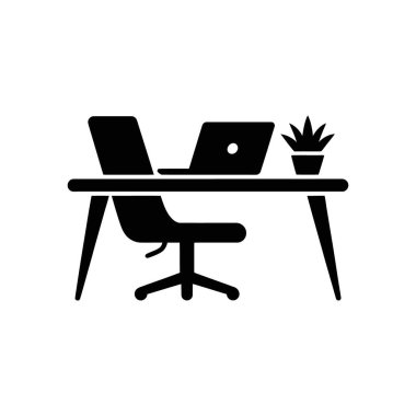 Isolated black glyph icon presents a desk with a laptop, an ergonomic chair, and a small potted plant. All objects feature smooth, rounded lines. White background.