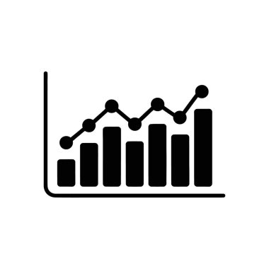 Isolated black vector icon illustrates the simple bar graph with an ascending line indicating growth, set against a clear white backdrop. Minimalist, clean and versatile.