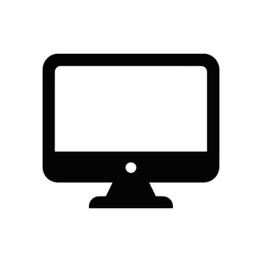Isolated black computer monitor vector icon with stand, minimalist graphic design. Suitable for web, apps, user interfaces, and print projects on white background.
