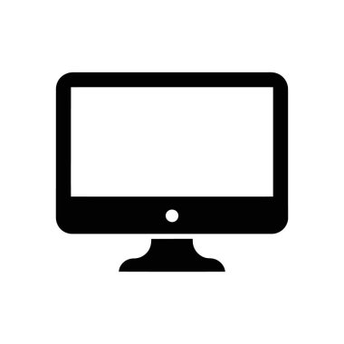 Isolated black vector icon on a white background displaying a desktop computer silhouette with a rectangular screen, small circular button, and stand.