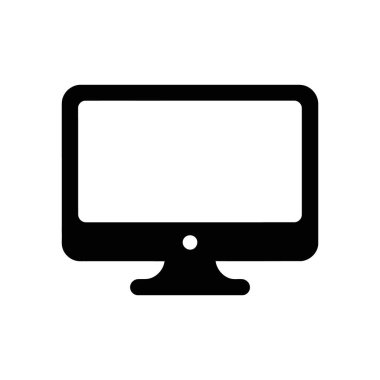 Flat and simple black monitor screen icon with stand, commonly used for computers, televisions, and displays. Vector illustration isolated on white background.