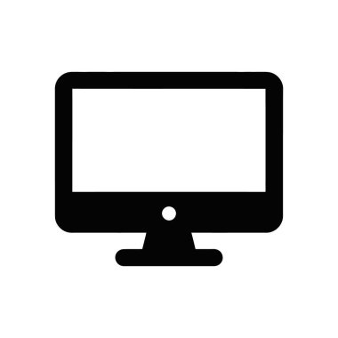 This minimalist vector icon features a simple black monitor computer display with a stand, set against a clean white background, suitable for any digital design.