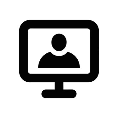 Minimalist black vector icon shows a computer monitor displaying a generic person on the screen, set against a clean white background. Perfect for website, print, or app design.