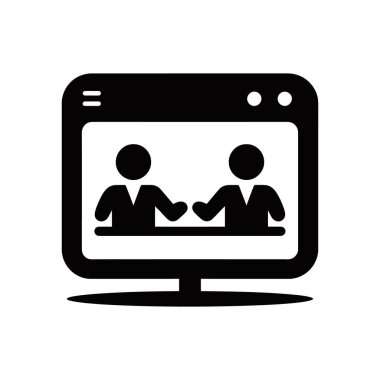 Black solid vector icon showcases a desktop monitor displaying two people, representing an online meeting or video conference. Perfect for illustrating digital communication. White background.